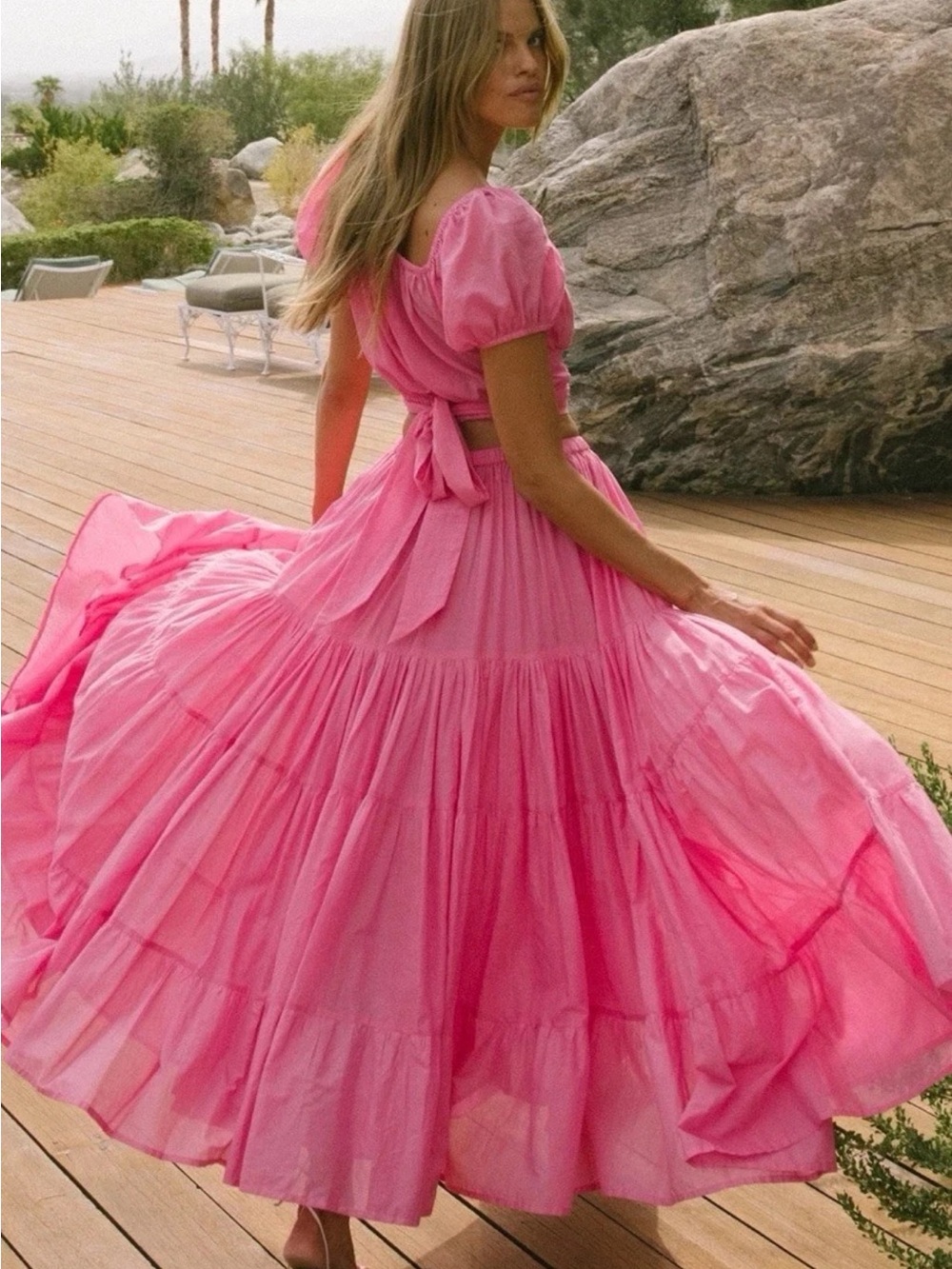 Spell Azalea Pink Tiered Maxi Skirt and Crop Top Set XS - Picture 3 of 14